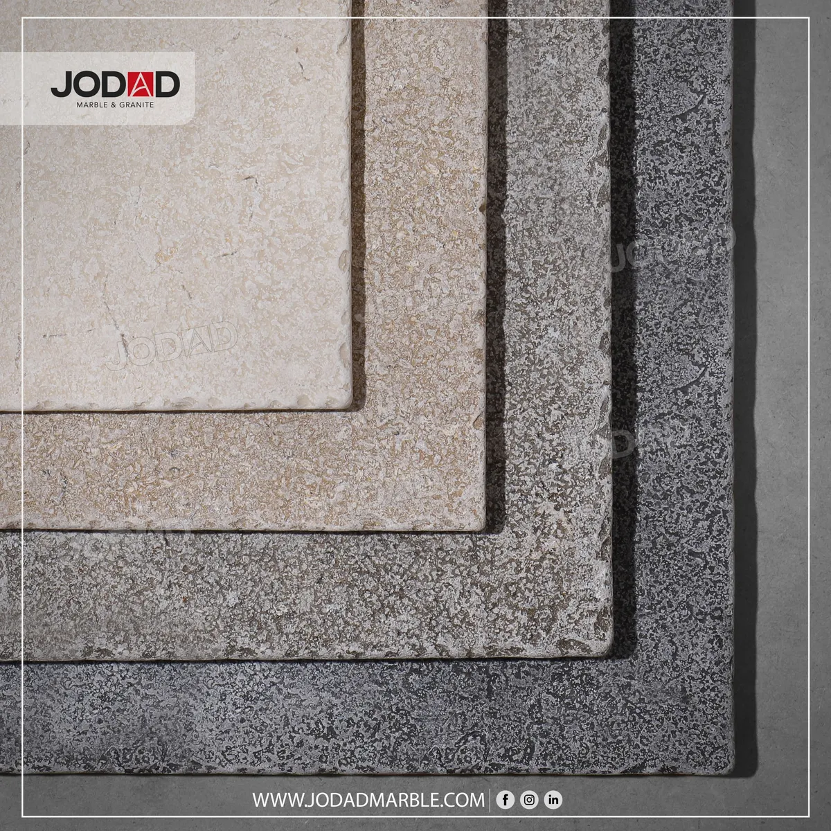 Four Egyptian stones in the same chiseled, acid washed and tumbled finish showing how the finish changes each colour